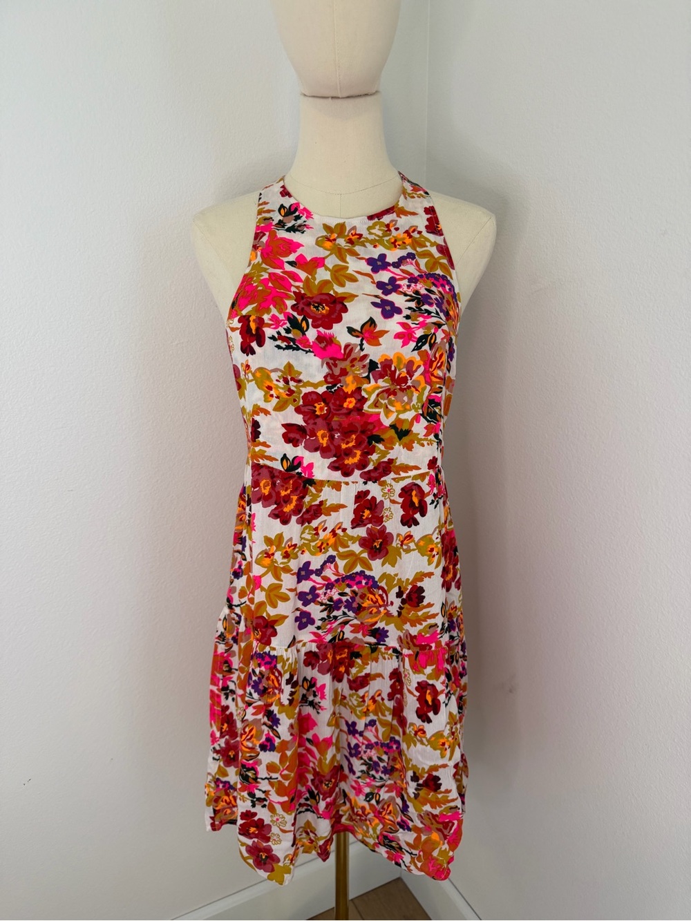 NATURAL LIFE White Halter Dress with Pink, Red & Gold Floral Print Size Small